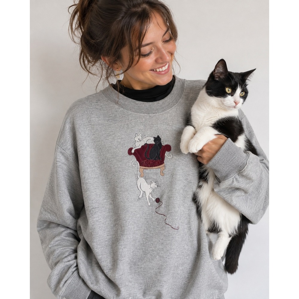 VTG 90s Embroidered Cat Sweatshirt Womens MP Gray Velvet Collar Kitsch Granny